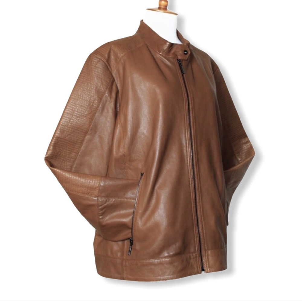 Bernardo Saddle Brown Leather Quilt Moto Jacket 3X - Picture 10 of 16